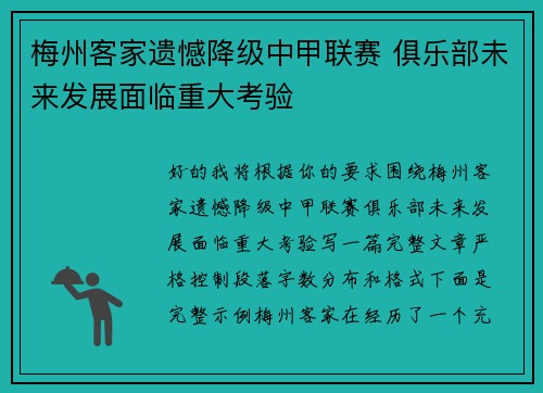 梅州客家遗憾降级中甲联赛 俱乐部未来发展面临重大考验