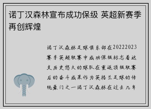 诺丁汉森林宣布成功保级 英超新赛季再创辉煌 诺丁汉森林宣布成功保级 英超新赛季再创辉煌