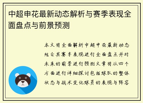中超申花最新动态解析与赛季表现全面盘点与前景预测