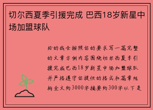切尔西夏季引援完成 巴西18岁新星中场加盟球队